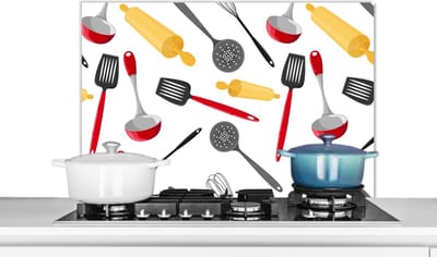 Spatscherm keuken 80x55 cm - Kookplaat achterwand Patronen - Keukengerei - Spatel - Deegroller - Muurbeschermer - Spatwand fornuis - Hoogwaardig aluminium