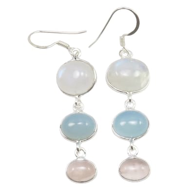Natuursieraad - 925 sterling zilver Maansteen, rozenkwarts en chalcedoon oorhangers - luxe edelsteen sieraad - handgemaakt
