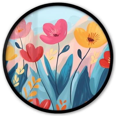Poster in lijst Rond - Fotolijst 40x40 cm - Posters - Illustratie - Bloemen - Kleurrijk - Ronde posterlijst zwart - Decoratie - Wanddecoratie woonkamer - Muurdecoratie slaapkamer
