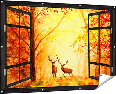 Gards Tuinposter Doorkijk Getekende Herten in het Bos - Herfst - 150x100 cm - Tuindoek - Tuindecoratie - Wanddecoratie buiten - Tuinschilderij