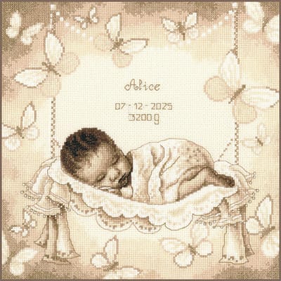 Vervaco - Telpakket kit - Geboorte - Sepia - Baby in hangmatje met vlinders - PN-0202504 - Borduren - Borduurpakket - Borduurpakket geboorte - Borduurpakket volwassenen