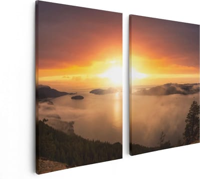 Artaza Canvas Schilderij Tweeluik Zonsondergang In De Bergen Met Wolken - 80x60 - Foto Op Canvas - Canvas Print