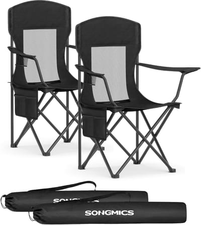SONGMICS Campingstoelen, Set van 2, Klapstoelen, Buitenstoelen voor vissen, Hoge rugleuning, Verstelbare armleuningen, Bekerhouder, Opvouwbaar, Maximaal draagvermogen 150 kg, Camping Tuin