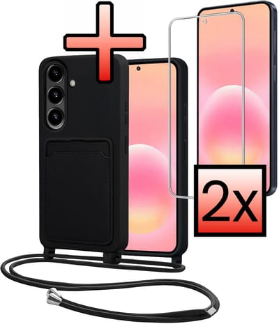 Hoes Geschikt voor Samsung A57 Met Telefoonkoord Met 2x Screenprotector - Siliconen Hoesje Backcover Met Ketting - Zwart