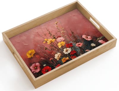 Dienblad hout 40x30 cm - Schootdienblad - Bloemenboeket - Fijne details - Roze - Borrelplank rechthoek - Plateau dienbladen