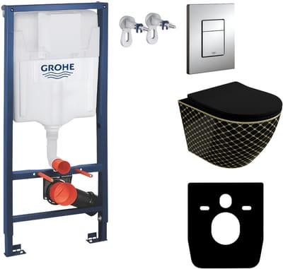 Inbouwreservoir Complete Toiletset Grohe Solido 39069000 - Inbouw WC Hangtoilet Wandcloset Sofi Slim Black Night - Bedieningsplaat EVEN 4in1 Chroom - Voorwandelement - Installatiesysteem