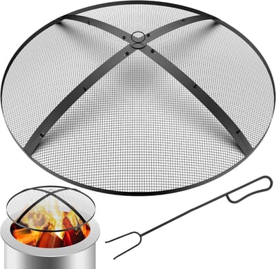Vuurkorf scherm - Vonkenvanger deksel - Veilig buiten vuur - Met handvat en pook - 36 inch - Matzwart