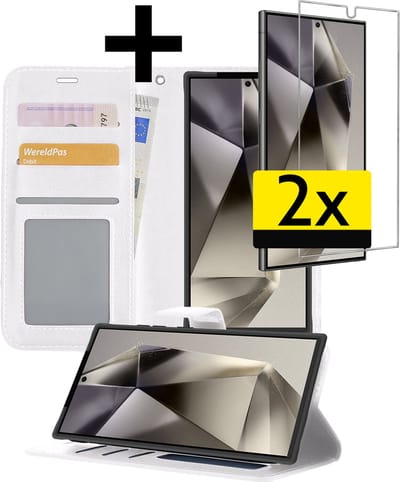 Hoesje - Met 2x Screenprotector - Geschikt voor Samsung Galaxy S24 Ultra - Luxe Pasjeshouder - Bookcase Portemonee - Flip Case - Kunstleer Book Case - Flipcase Hoes - Book Cover - Walletcase - Portemonneehoes - Telefoonhoesjes - Wit