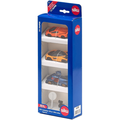 SIKU 6328, Cadeauset Supercars, Lamborghini Veneno, Apollo I.E., McLaren Senna, beweegbare onderdelen, incl. verkeersbord en flitspaal