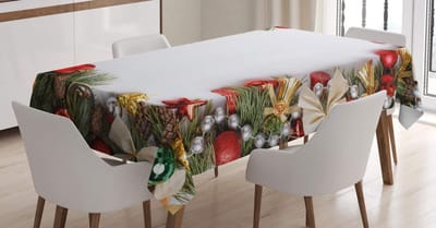 ABAKUHAUS kersttafelkleed, versierde kerstboom, gepersonaliseerde print met heldere kleuren, wasbaar, waterdicht, geen vervaging, 140 x 200 cm, meerkleurig