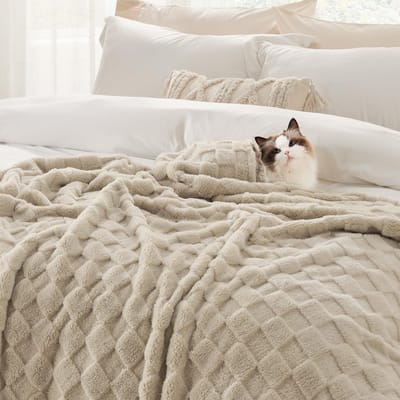 Dailygoods- Deken 240x220 cm - Pluizige Fleece/Sherpa Deken - Schaakbordpatroon - XXL Knuffeldeken - Zacht/Warm - Lichtbruin - Woondeken