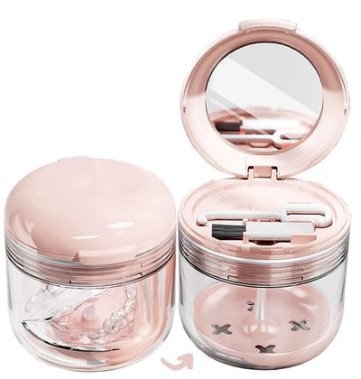 Waarddoos voor beugels en gebitsbeschermers, reinigingsdoos voor kunstgebitten met filtermandje, lekvrije reinigingsbeker voor beugels, reisdoos voor het reinigen en opbergen van beugels, roze