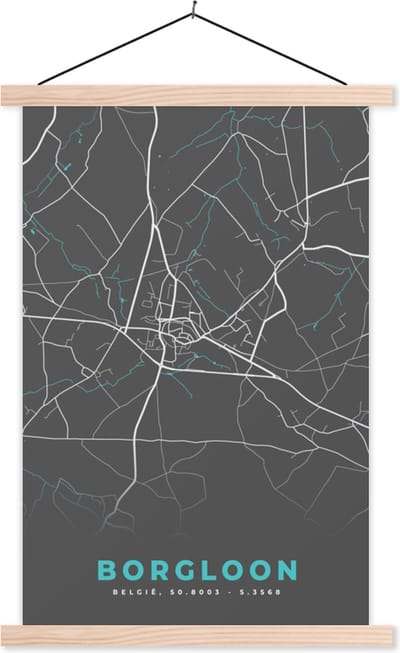Posterhanger incl. Poster 40x60 cm - Schoolplaat - België – Borgloon – Stadskaart – Kaart – Blauw – Plattegrond - Textielposter - Blanke latten - Stadskaart