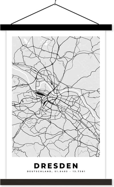 Posterhanger incl. Poster 40x60 cm - Schoolplaat - Duitsland - Kaart - Dresden - Stadskaart - Plattegrond - Textielposter - Zwarte latten - Stadskaart