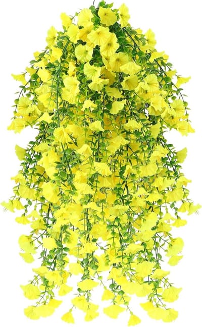 SnelShoppen - 80 cm Kunstbloemen Petunia-Hangers, 4 Stuks Gele Kunstbalkonbloemen voor Binnen en Buiten, Ideaal voor Tuin, Balkon, Woondecoratie, Fees
