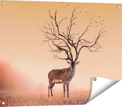 Gards Tuinposter Hert met een Bomen Gewei - 80x60 cm - Tuindoek - Tuindecoratie - Wanddecoratie buiten - Tuinschilderij