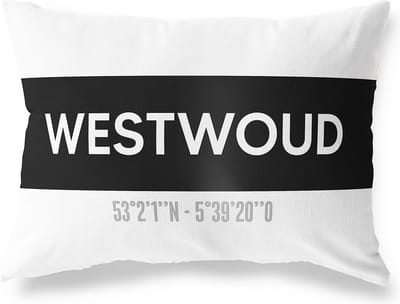 Tuinkussen WESTWOUD - NOORD-HOLLAND met coördinaten - Buitenkussen - Bootkussen - Weerbestendig - Jouw Plaats - Studio216 - Modern - Zwart-Wit - 50x30cm