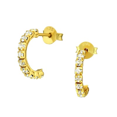 Joy|S - Zilveren oorringen 13 mm stud - halve ronde oorbellen met kristal - gold plated