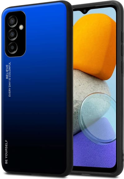 Cadorabo Hoesje geschikt voor Samsung Galaxy M23 5G in BLAUW - ZWART - Tweekleurige beschermhoes van TPU-silicone Case Cover en achterzijde van gehard glas