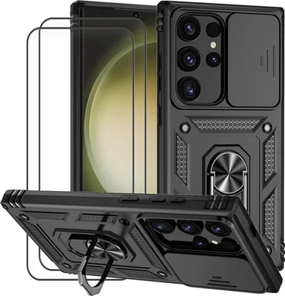 Casemania Hoesje & 2x Glas Geschikt voor Samsung Galaxy S25 Ultra - Zwart - Anti-Shock Hybrid Armor Back Cover - Hoes met Kickstand Ring en Camera Bescherming - Glazen Screenprotector
