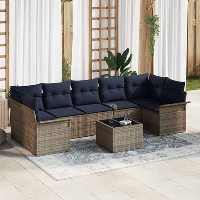 vidaXL - Tuinbank - Set - 8 - st - Grijs - en - Marineblauw - poly - rattan