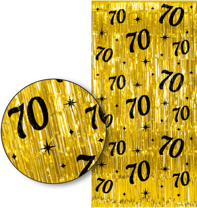 LUQ – 70 Jaar Franjes Gordijn – Goud & Zwart Tinsel Curtain 2x1 m – Luxe feestdecoratie voor verjaardag/birthday party.