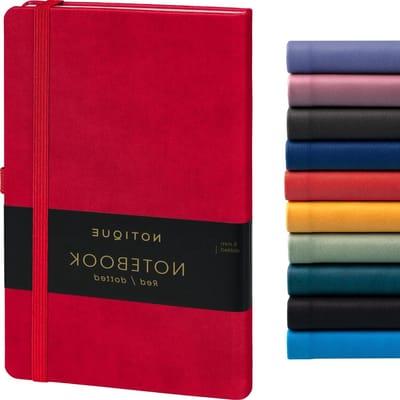 NOTIQUE Notebook, Dotted Hardcover Notebook, Diary with Elastic Band and Pen Holder, 13 x 21 cm, 192 Pages (Red - ShopVlot