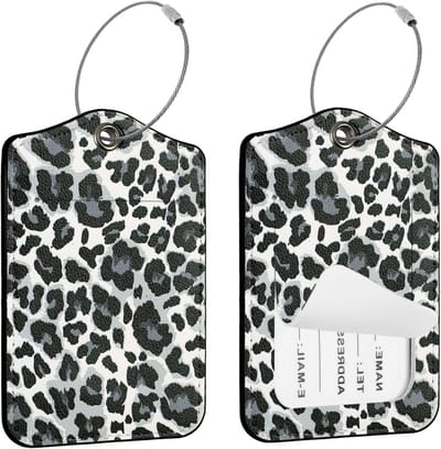 Set van 2 Gepersonaliseerde Luipaard Kofferlabels voor Reisbagage, Eenvoudig te Herkennen PU Lederen Bagagelabels met Verborgen Naamkaart, Ideaal voor Reizen en Organisatie