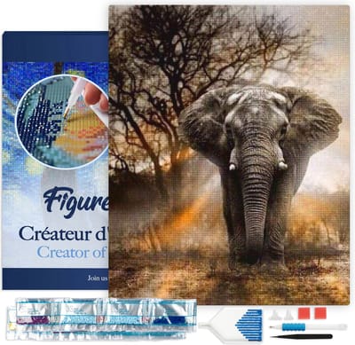 Figured'Art Diamond Painting set Volwassenen 40x50 cm met lijst Olifant in de savanne - 5D DIY Art full drill vierkante diamant - Canvas al ingelijst