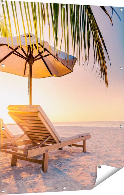 Gards Tuinposter Tropisch Strand tijdens Zonsondergang - 90x120 cm - Tuindoek - Tuindecoratie - Wanddecoratie buiten - Tuinschilderij