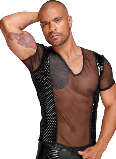 See-through T-Shirt with PVC pleats - Black XXXL