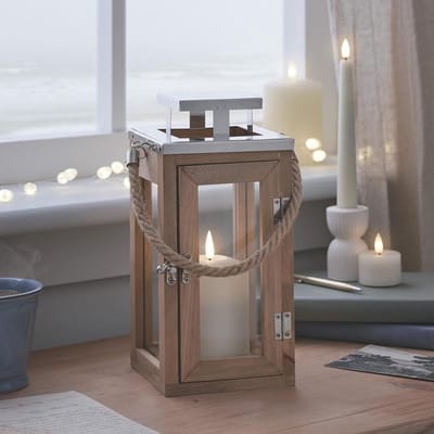 Houten Lantaarn - Decoratieve Lamp - Sfeerverlichting Buiten - Met Afstandsbediening - 26 x 13 x 13 cm - Houtkleurig