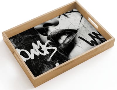 Dienblad hout 40x30 cm - Schootdienblad - Gezicht - Mond - Graffiti - Zwart - Borrelplank rechthoek - Plateau dienbladen