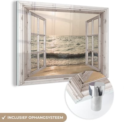 MuchoWow® Glasschilderij 60x40 cm - Schilderij acrylglas - Doorkijk - Zee - Strand - Foto op glas - Schilderijen