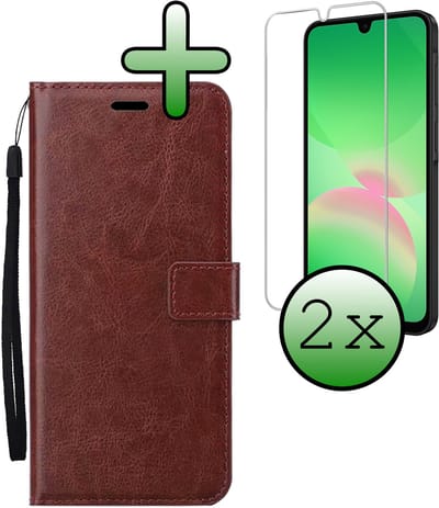Hoesje Met 2x Screenprotector - Geschikt voor Samsung Galaxy A26 - Luxe Pasjeshouder - Bookcase Portemonee - Flip Case - Kunstleer Book Case - Flipcase Hoes - Book Cover - Walletcase - Portemonneehoes - Bruin