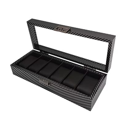 Axbo Luxe Horloge Doos – Opbergdoos – 6 Vakken – Sieradendoos – Kist – Carbon Fiber look – Verwijderbaar Kussens – Watch Box – Zwart-
