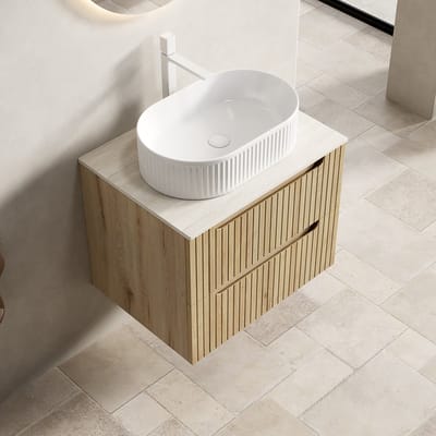 MODFU Badkamermeubel Met Ovale Wastafel - 2 Laden En Softclose - Keramiek En Sintersteen - Wit Eiken