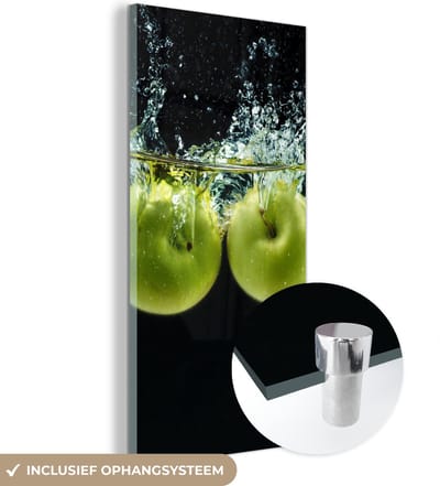 MuchoWow® Glasschilderij 60x120 cm - Schilderij acrylglas - Appels - Fruit - Water - Zwart - Groen - Foto op glas - Schilderijen