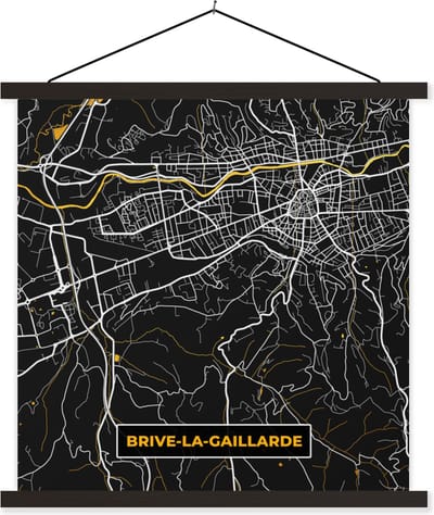 Posterhanger incl. Poster 60x60 cm - Schoolplaat - Kaart - Stadskaart - Plattegrond - Brive-la-Gaillarde - Frankrijk - Textielposter - Zwarte latten - Stadskaart