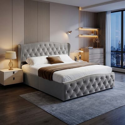 Tweepersoonsbed 140x200 Grijs Fluweel – Opklapbed met Opbergruimte, Chesterfield Design & Golvend Hoofdbord