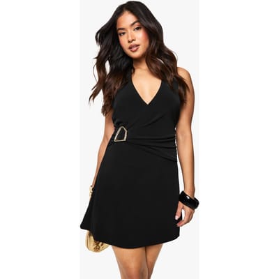 boohoo Dames Petite Halternek Mini Wrap-jurk met trimdetails | Zwart | Maat: 36
