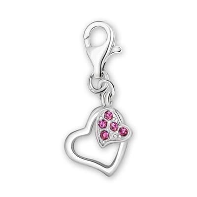 Quiges – 925 - Zilver – Charm - Bedel - Hanger - Dubbel Hart met Roze Zirkonia - met – sterling - zilver - karabijnslot - geschikt - voor - Bedelarmband HC217