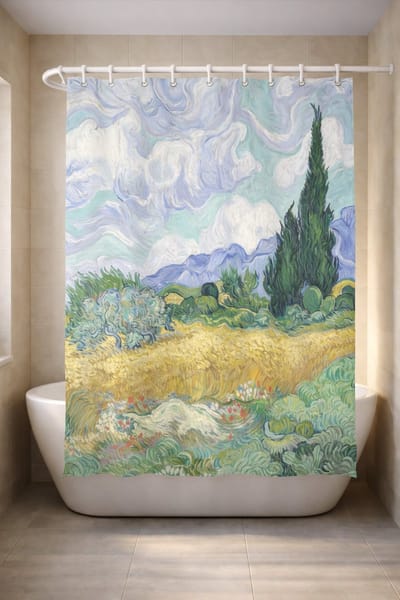 3BMT® Douchegordijn Anti Schimmel - Korenveld met Cipressen Van Gogh - Natuur - Douche Gordijn 180X200 cm - Shower Curtain - Douche Gordijnringen