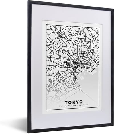Fotolijst incl. Poster - Tokyo - Stadskaart - Zwart Wit - Plattegrond - Kaart - 30x40 cm - Posterlijst