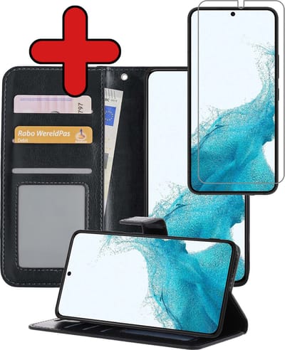 Hoesje - Met Screenprotector - Geschikt voor Samsung Galaxy S22 - Luxe Pasjeshouder - Flipcase - Bookcase Portemonee - Flip Case - Kunstleer Book Case - Book Cover - Walletcase - Portemonneehoes - Telefoonhoes - Zwart