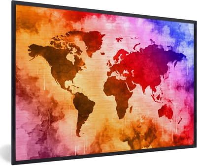 Poster in lijst - Fotolijst 90x60 cm - Posters - Wereldkaart - Kleur - Abstract - Posterlijst zwart - Decoratie - Wanddecoratie woonkamer - Muurdecoratie slaapkamer