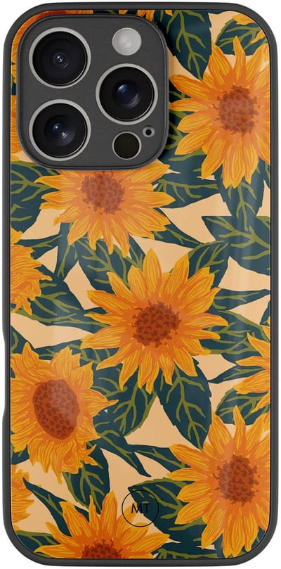 Hoesje geschikt voor iPhone 16 Pro - Zonnebloemen - Luxe Hard Case - Natuur - Oranje - Mooie Telefoonhoesjes