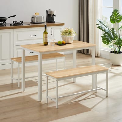 Pugsdrly Eettafelset, bartafel met 2 eetbanken, keukentafel met stoelen, industriële ontbijttafel voor keuken, woonkamer, feestzaal, naturelkleurig en wit