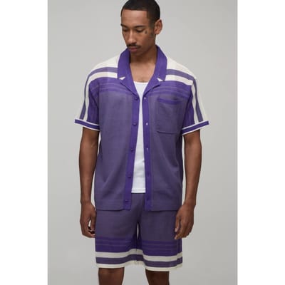 Ontspannen Gebreid Shirt En Short Set Met Open Steek En Strepen | Purple | Size Small