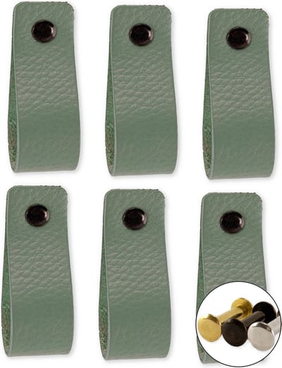 Leren handgrepen - Vaalgroen - 6 stuks - 16,5 x 2,5 cm | incl. 3 kleuren schroeven voor de leren handgreep - Handgrepen leer - Leren meubelgreep - Leren handvaten kast - Leren lus - Handgreep kast leer - Leren greepjes - Handvat leer